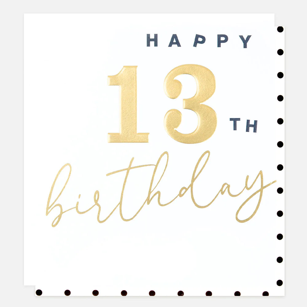 Gold Happy 13th Birthday card by Caroline Gardner featuring festive design, perfect for celebrating a special milestone.