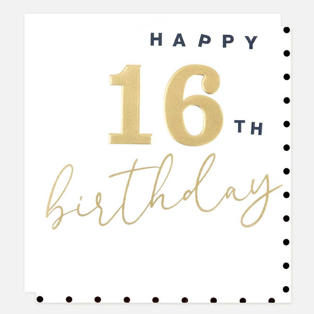 Gold Happy 16th Birthday card by Caroline Gardner featuring elegant design, perfect for celebrating a special 16th birthday.