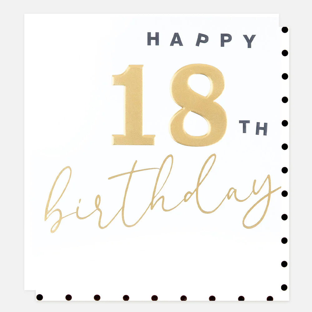 Gold Caroline Gardner 18th birthday card with cheerful happy birthday message and decorative design, perfect for celebrating.