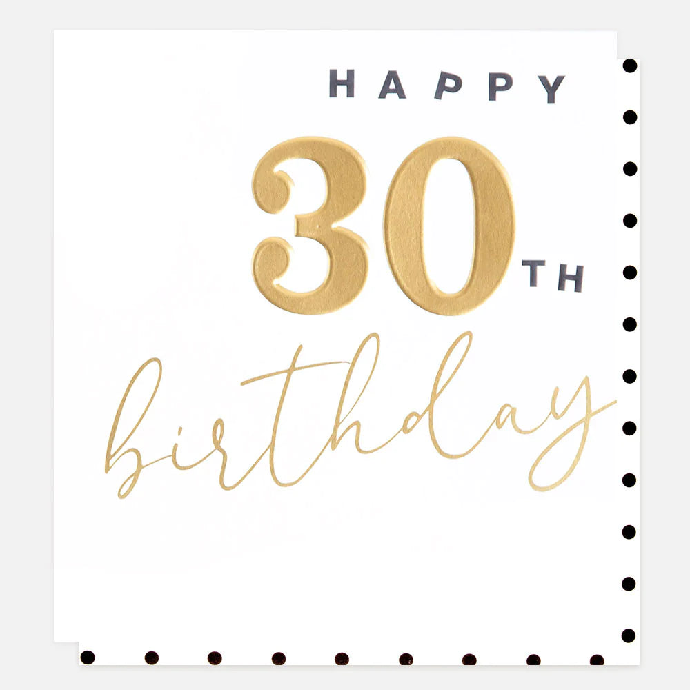 Gold Happy 30th Birthday card by Caroline Gardner featuring festive design, perfect for celebrating a special milestone.