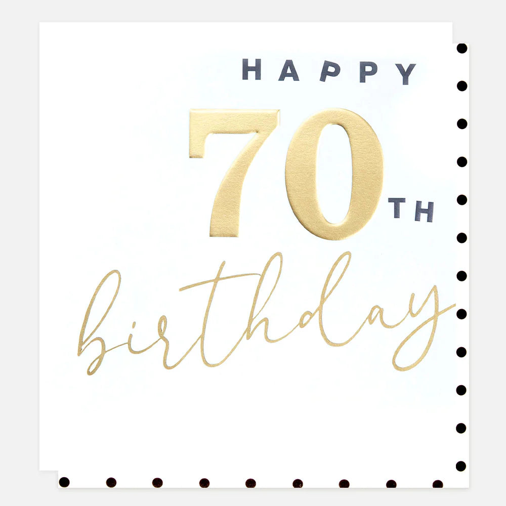 Golden Caroline Gardner 70th birthday card featuring cheerful happy 70th design, perfect for celebrating special milestones.