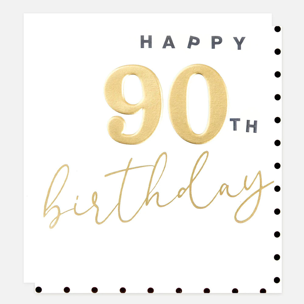 Gold Happy 90th Birthday Card by Caroline Gardner featuring festive birthday design and elegant gold accents.