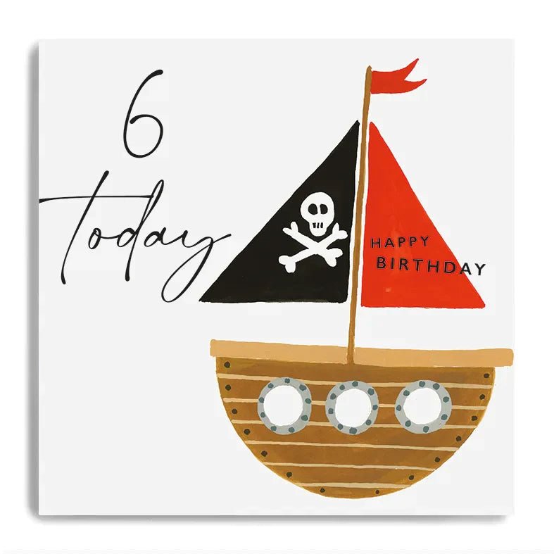 Colorful Happy 6th Birthday pirate ship card by Janie Wilson, featuring a fun pirate ship design for children’s birthday celebrations.