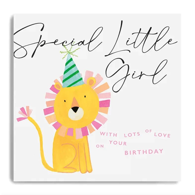 Janie Wilson Happy Birthday card featuring a cute lion design for little girls, ideal for celebrating special occasions.