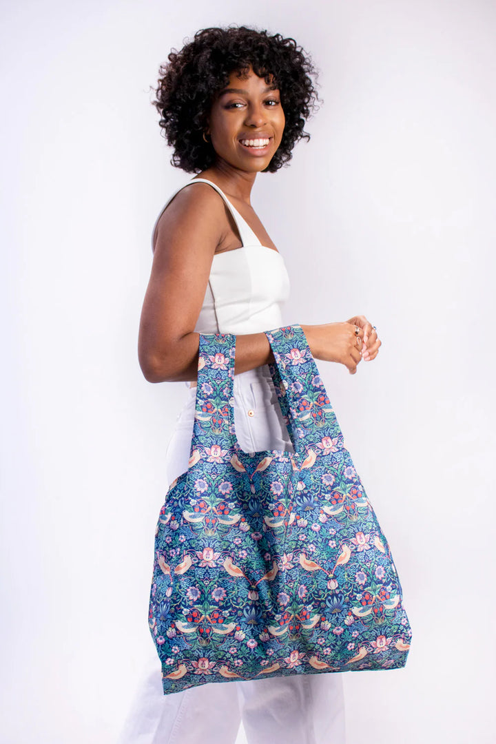 William Morris Strawberry Thief Kind Bag by Cornucopia Home and Gift featuring floral and bird print on durable fabric.