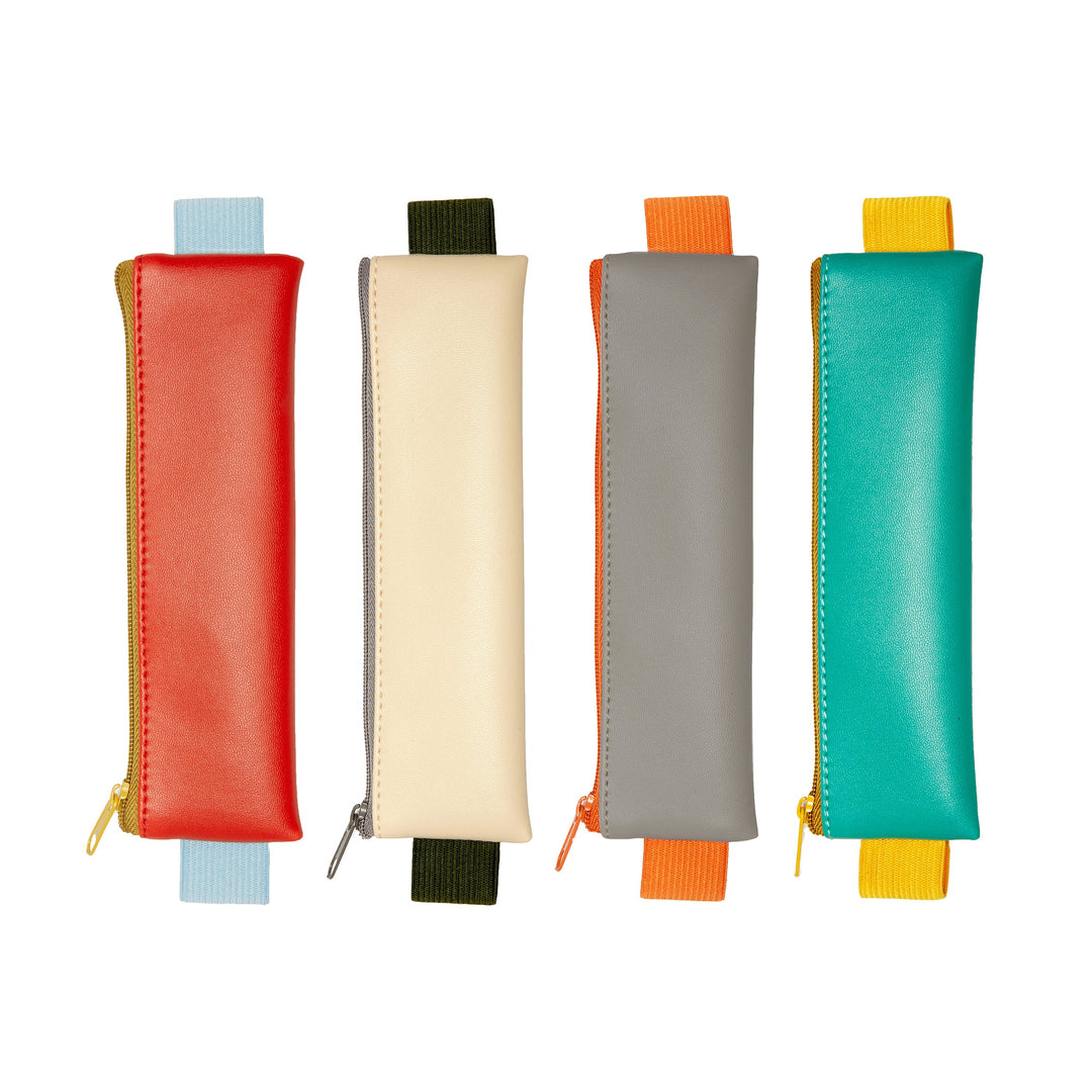 Assorted Kikkerland pencil pouch featuring colorful fabric with zipper closure, ideal for storing stationery and small items.