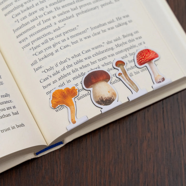 Kikkerland Mushroom Magnetic Bookmarks with colorful mushroom designs, perfect for marking pages in books.