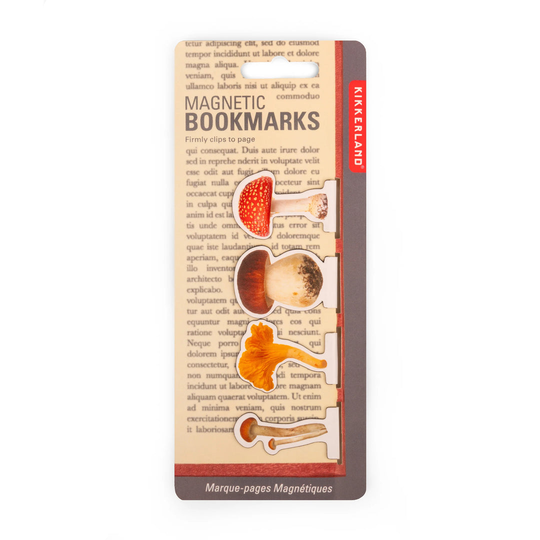Kikkerland Mushroom Magnetic Bookmarks in colorful packaging, featuring whimsical mushroom designs for marking pages.
