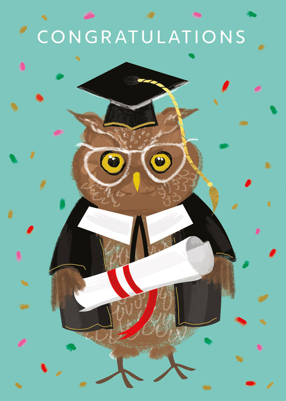Wise owl congratulations card by Hammond Gower from Cornucopia Home and Gift, featuring a charming owl design on the front.