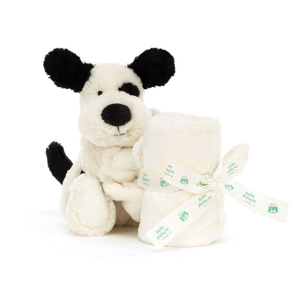 Jellycat Bashful Black and Cream Puppy plush toy with soft fur, ideal for cuddling and comforting.