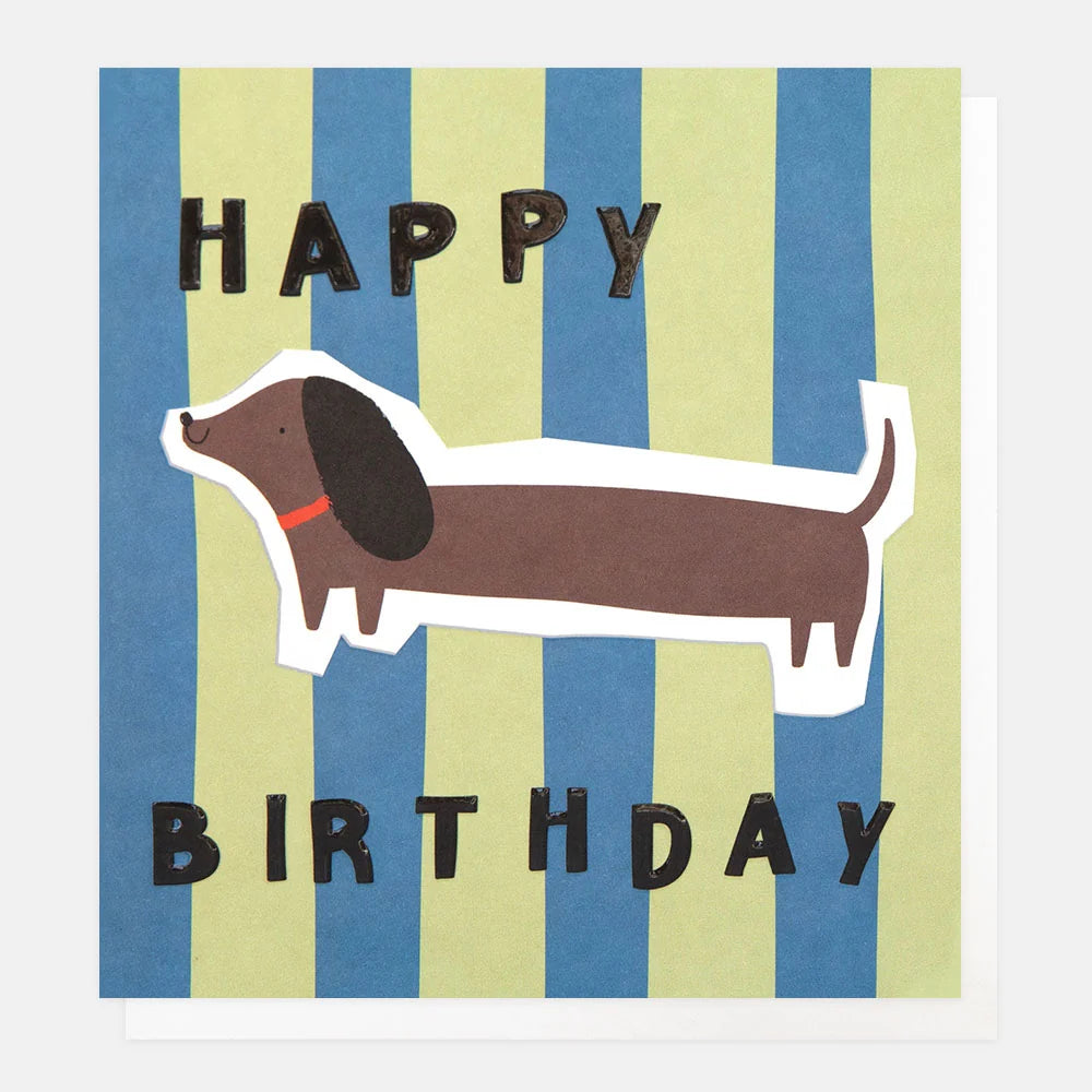 Green/Blue Stripe Sausage Dog Birthday Card