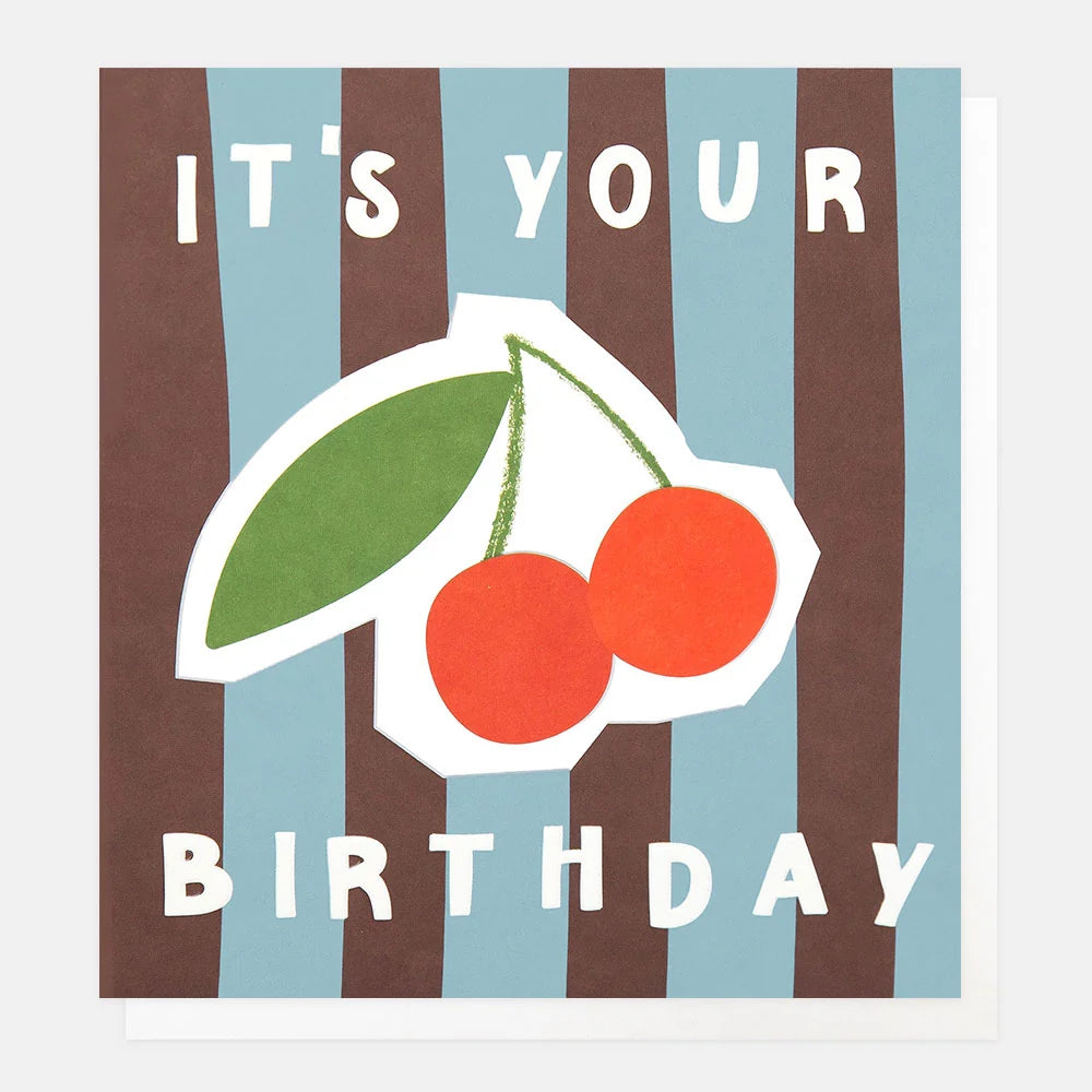 Blue/Burgundy Stripe Cherries Birthday Card