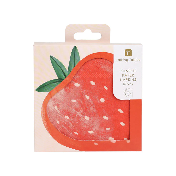 Strawberry shaped paper napkins pack from Talking Tables by Cornucopia Home and Gift, featuring bright red strawberry design.
