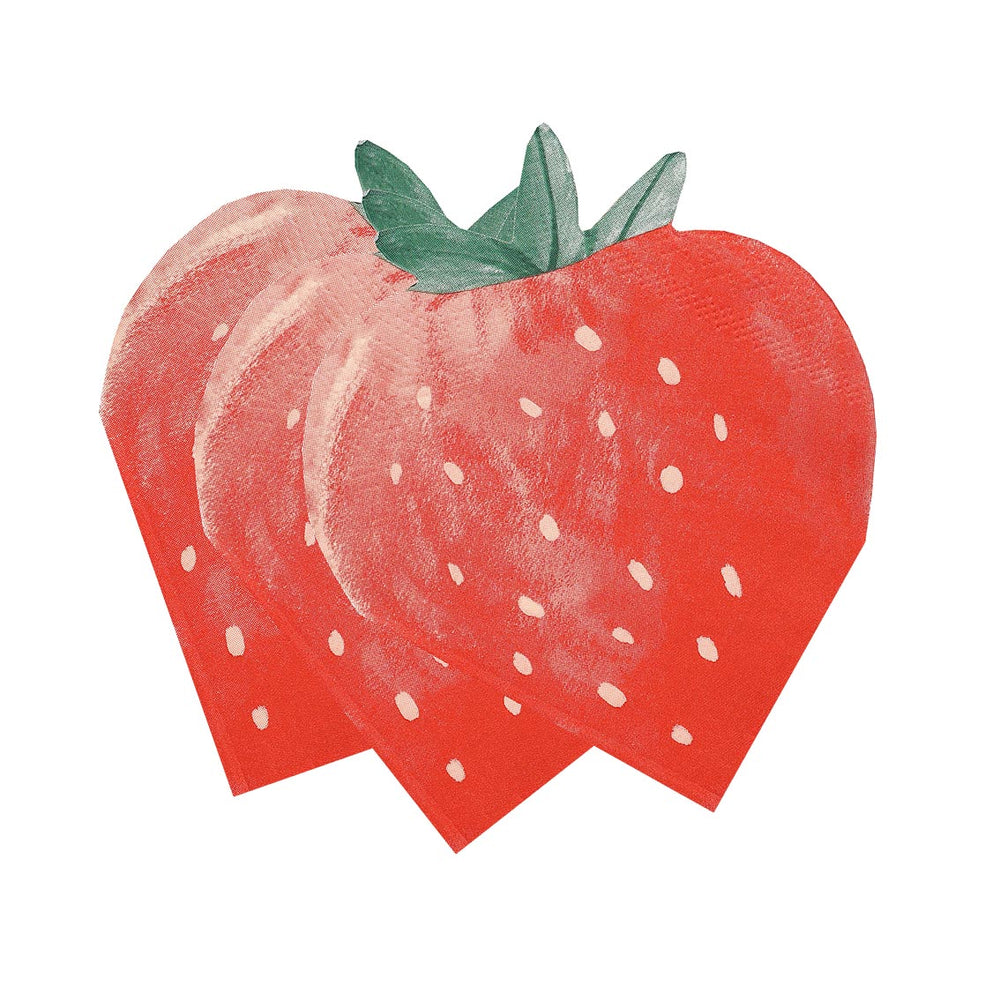 Set of strawberry-shaped napkins from Talking Tables by Cornucopia Home and Gift, featuring bright red strawberry design.