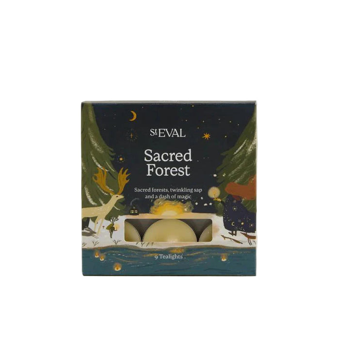 Set of St Eval Sacred Forest tealights in glass holders, featuring festive holiday-themed candle displays by Cornucopia Home and Gift