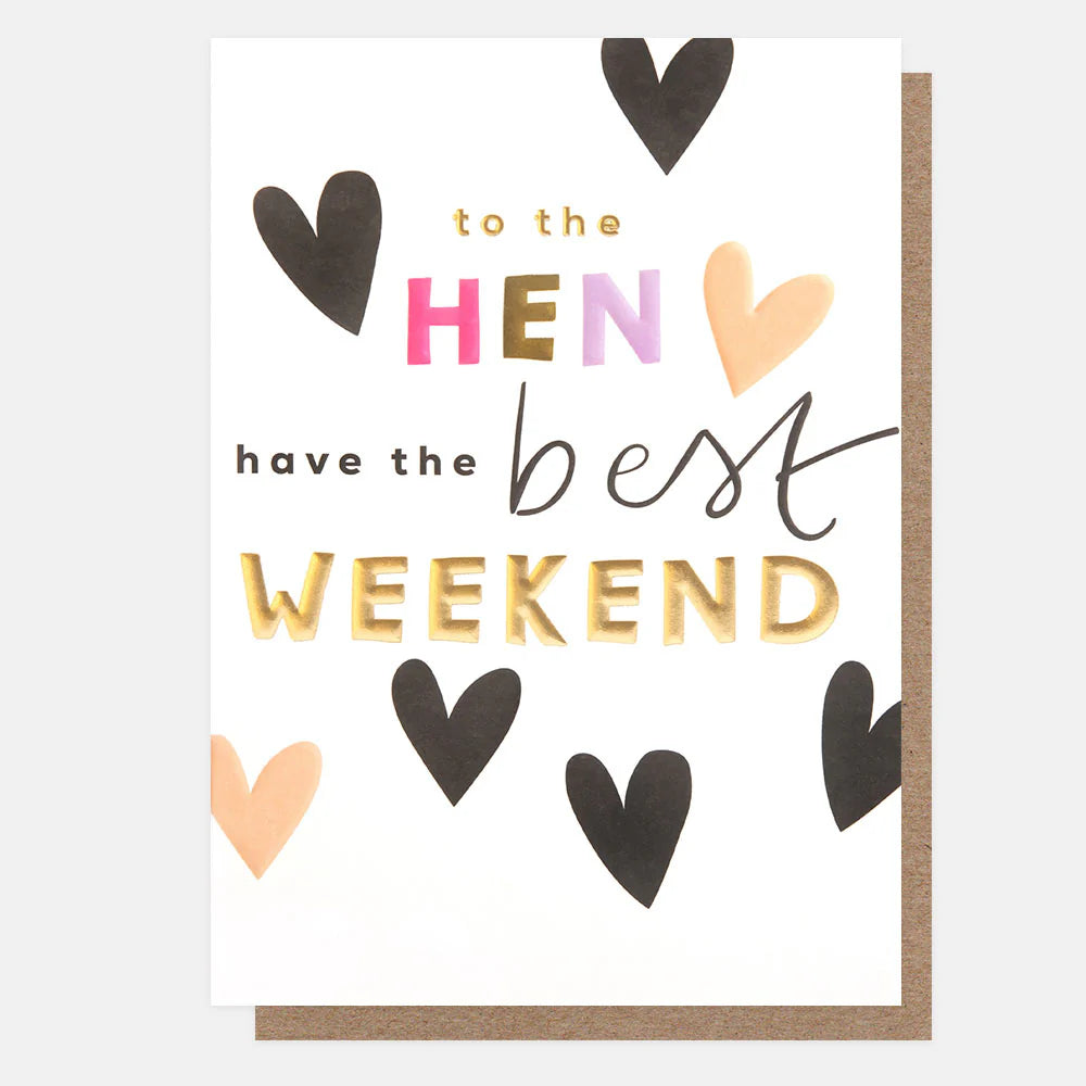 Caroline Gardner Hearts Hen Weekend card featuring pink and red hearts, perfect for celebrating a bridal party or special occasion.