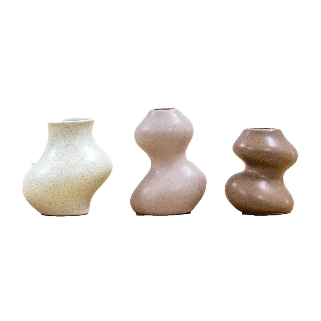 Set of three small Saburo vases by Cornucopia Home and Gift, featuring modern gallery-style ceramic designs.