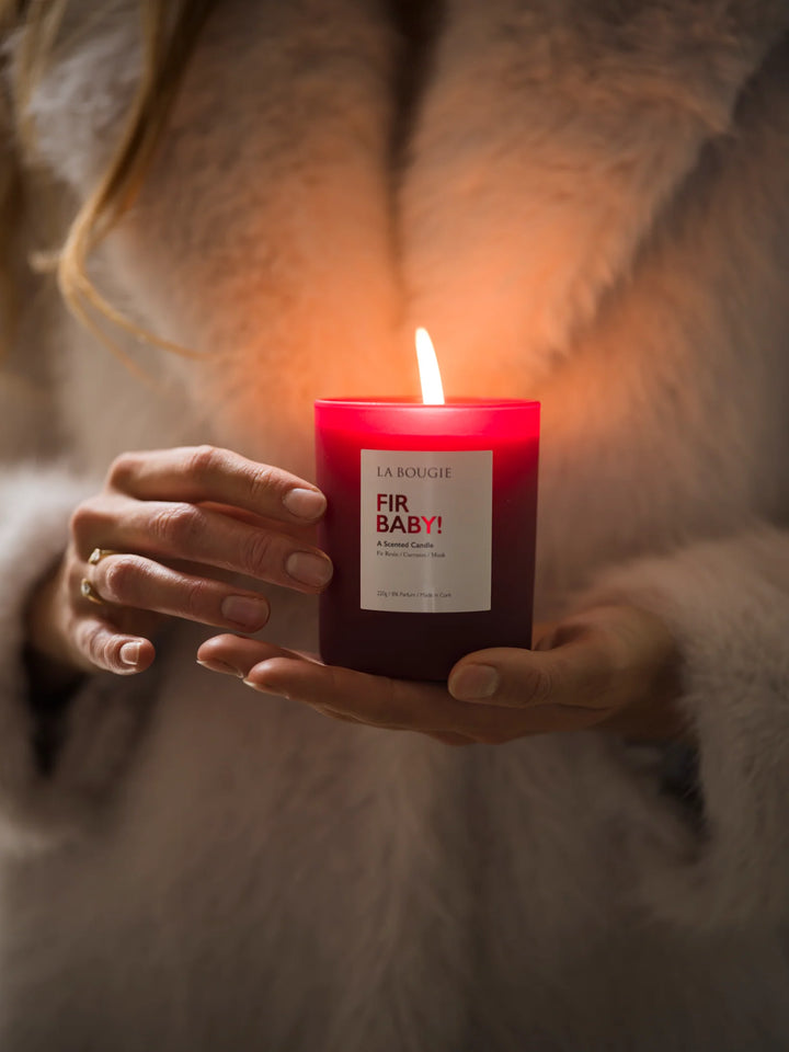 Fir Baby! candle by Cornucopia Home and Gift, featuring a cozy fir scent and natural wax, displayed in a decorative holder.