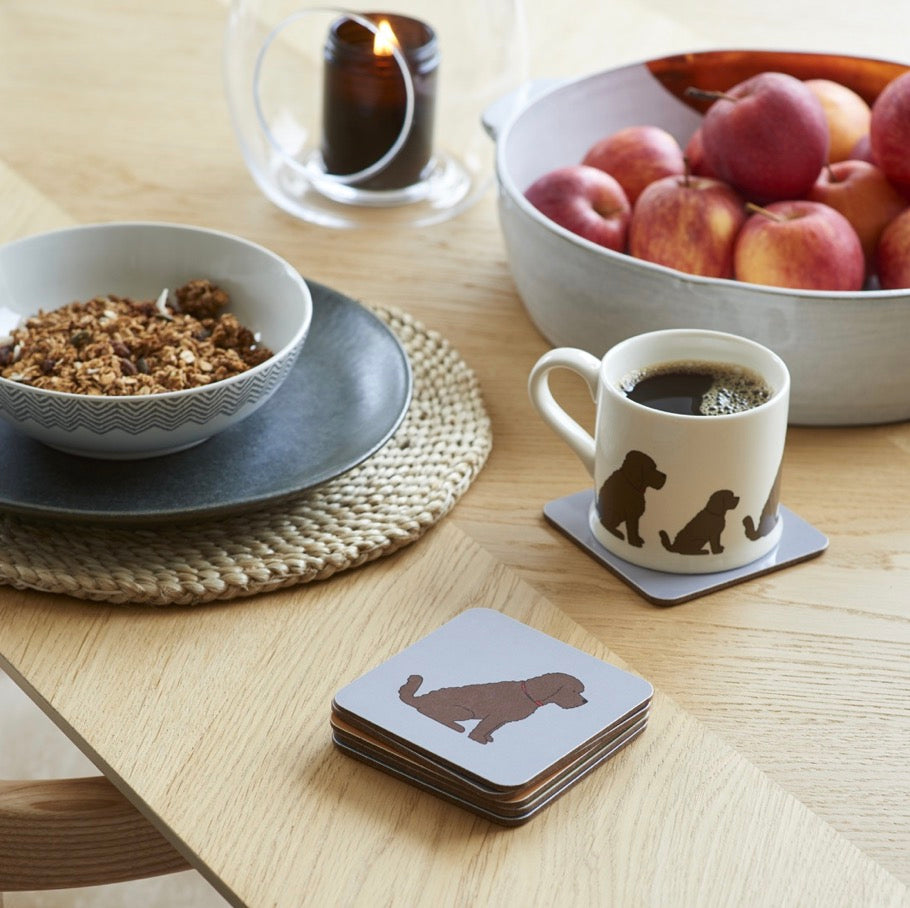 Chocolate Cockapoo and Labradoodle coaster featuring a cute cartoon dog design from Sweet William by Cornucopia Home and Gift.