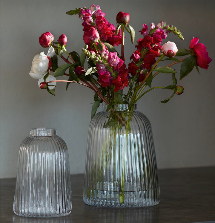 Clear 20cm Pleat Vase by LSA International featuring a textured, pleated glass design for elegant tabletop decor.