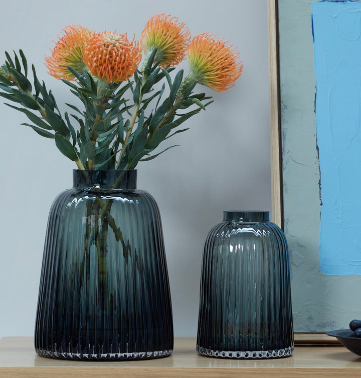 Grey Pleat Vase by LSA International, 20cm tall, with a textured pleated design, displayed on a neutral background