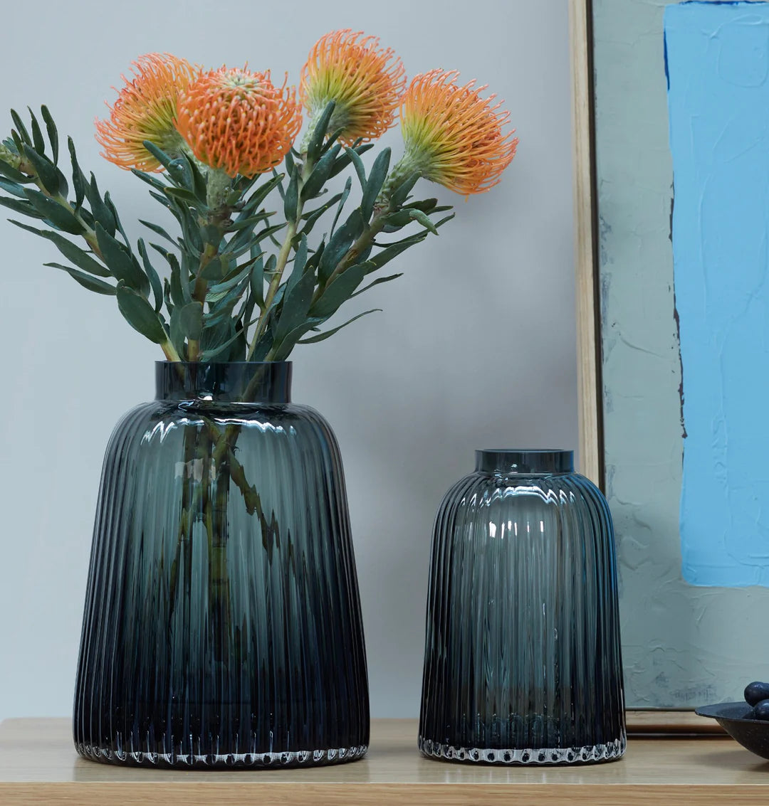 Grey Pleat Vase by LSA International, 26cm tall, with elegant pleated design, suitable for floral arrangements or decorative display.