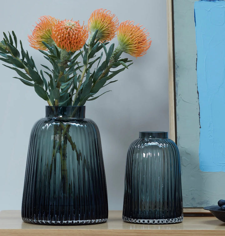 Grey Pleat Vase by LSA International, 26cm tall, with elegant pleated design, suitable for floral arrangements or decorative display.