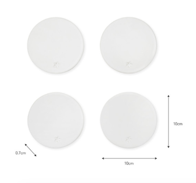 Set of four round white ceramic coasters from Garden Trading by Cornucopia Home and Gift, with a smooth, glossy finish.