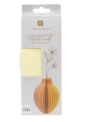 Yellow and orange ombre honeycomb paper bud vase by Cornucopia Home and Gift, featuring a textured, decorative floral display.