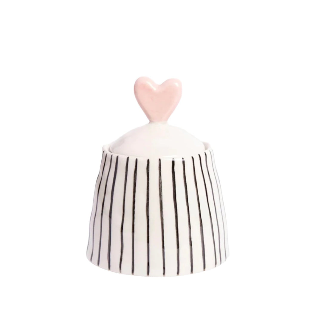 Caroline Gardner monochrome stripe small jar with heart-shaped lid, decorative storage container by Cornucopia Home and Gift