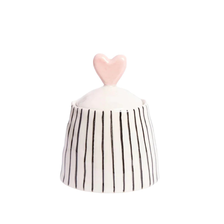 Caroline Gardner monochrome stripe small jar with heart-shaped lid, decorative storage container by Cornucopia Home and Gift