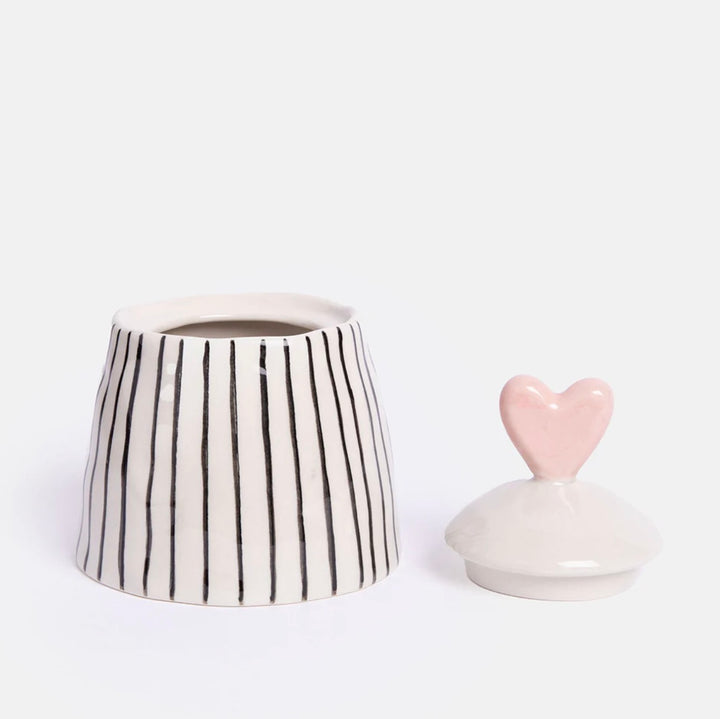 Caroline Gardner monochrome stripe small jar with heart-shaped lid, decorative gift storage from Cornucopia Home and Gift