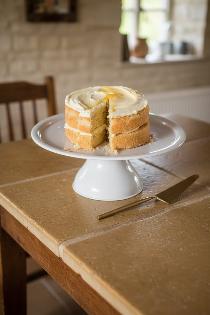Steel Brompton cake stand in chalk color by Garden Trading, showcasing a stylish, tiered serving stand for cakes and desserts.