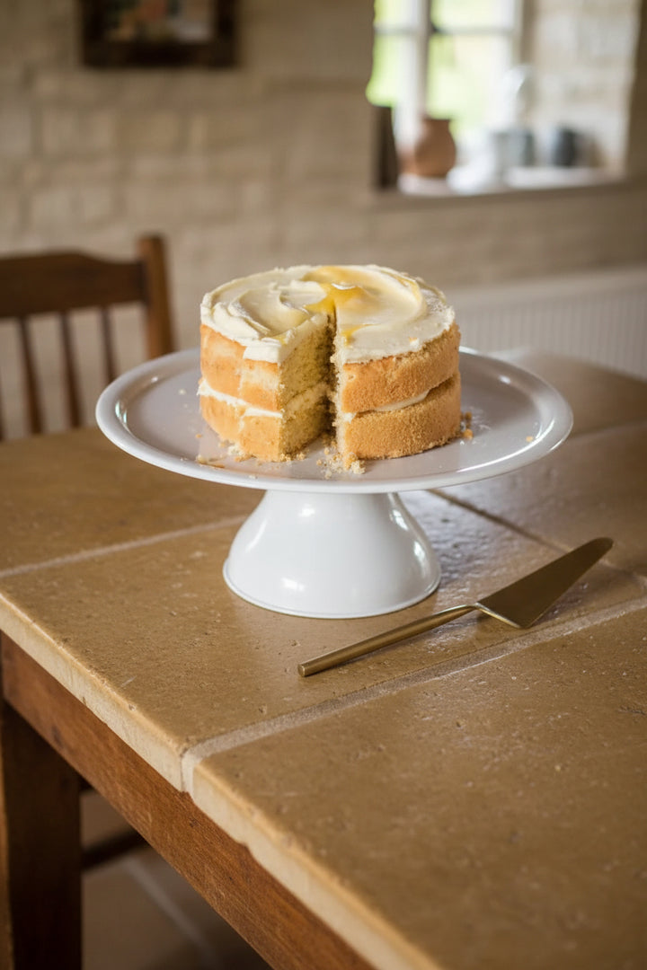 Steel Brompton cake stand in chalk color by Garden Trading, showcasing a stylish, tiered serving stand for cakes and desserts.