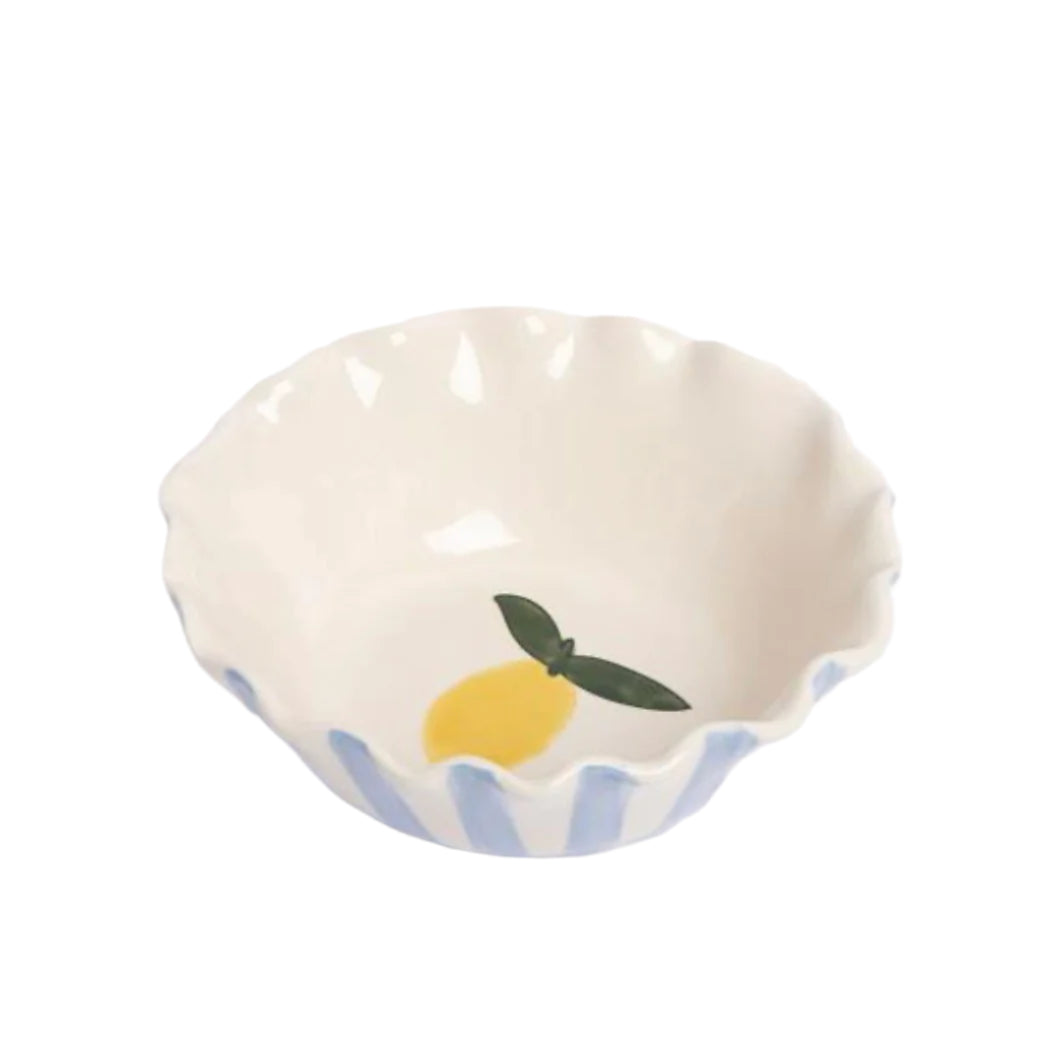 Blue and yellow striped Caroline Gardner bowl with lemon design, suitable for serving or decorative use.