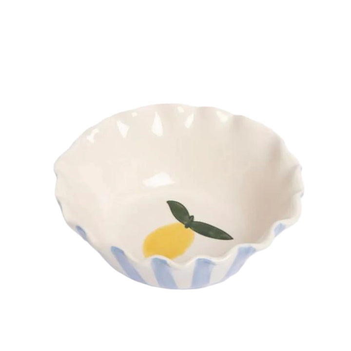 Blue and yellow striped Caroline Gardner bowl with lemon design, suitable for serving or decorative use.