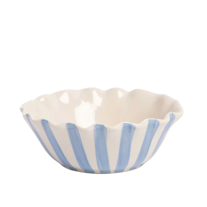 Blue and yellow striped Caroline Gardner bowl with lemon design, perfect for serving or decorative use.