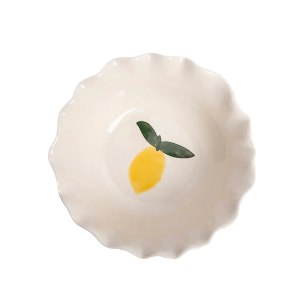 Blue and white striped bowl with lemon design by Caroline Gardner for Cornucopia Home and Gift.