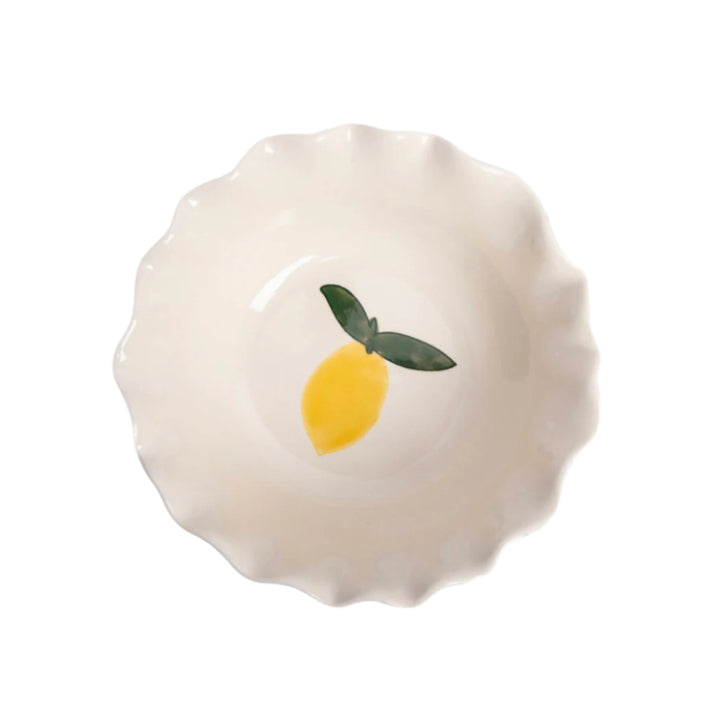 Blue and white striped bowl with lemon design by Caroline Gardner for Cornucopia Home and Gift.