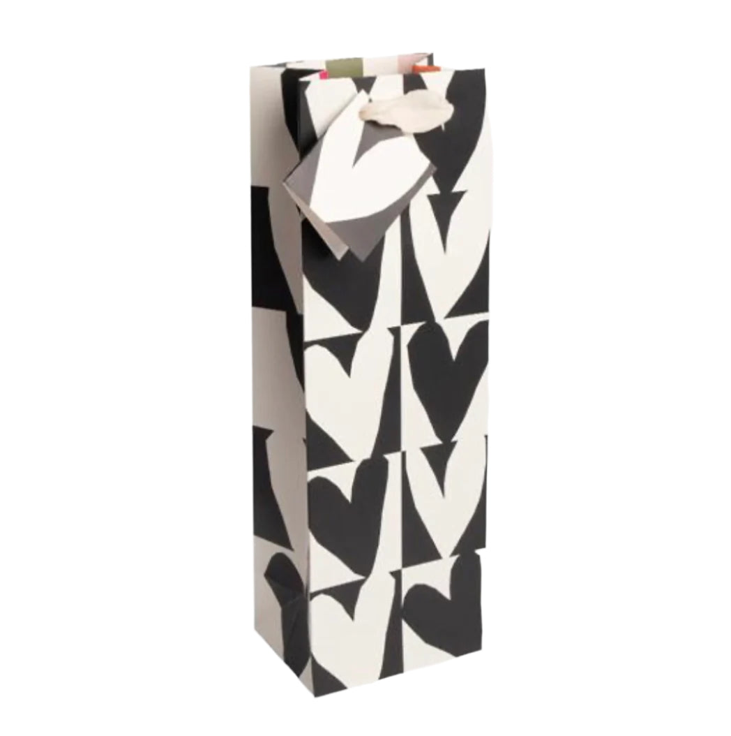 Caroline Gardner Mono Heart Checkmate Bottle Gift Bag with black and white checkered pattern and heart design, perfect for gifting bottles.