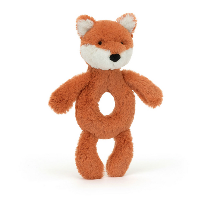 Jellycat Bashful Fox Cub Ring Rattle with soft plush fox and colorful ring for gentle shaking and teething fun.