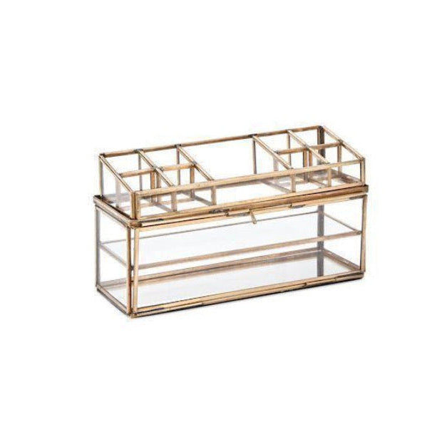 Antique brass Nkuku Bequai open jewelry box with intricate design, perfect for storing rings, necklaces, and small accessories.
