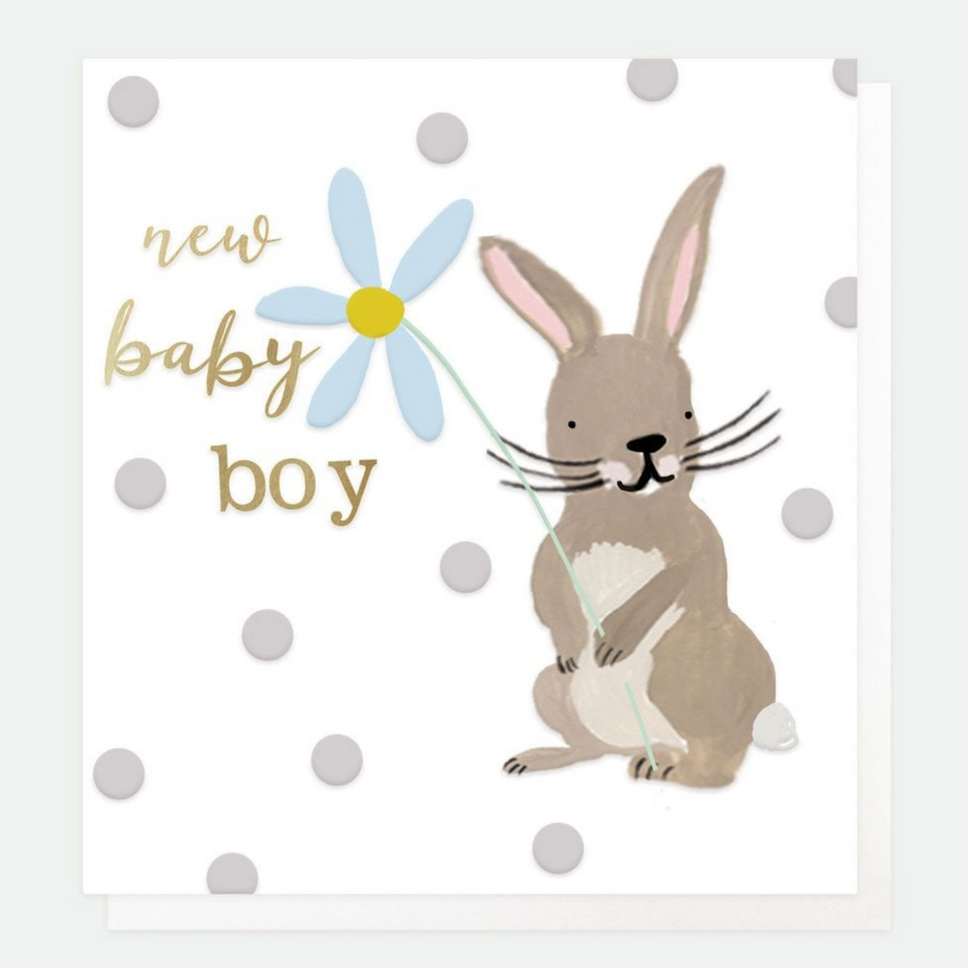 Baby boy rabbit card by Caroline Gardner featuring adorable bunny illustration for special occasions.