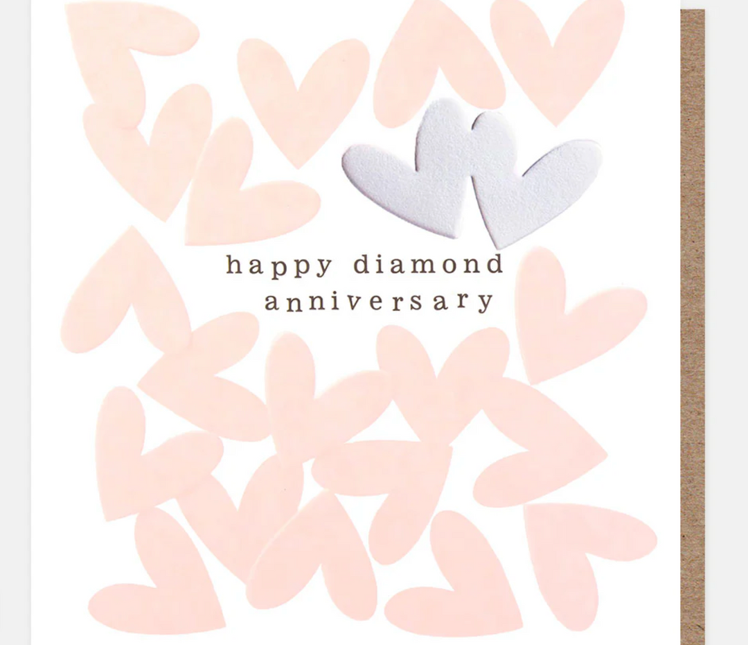 Caroline Gardner Happy Diamond Anniversary Hearts greeting card with colorful heart illustrations and elegant design.