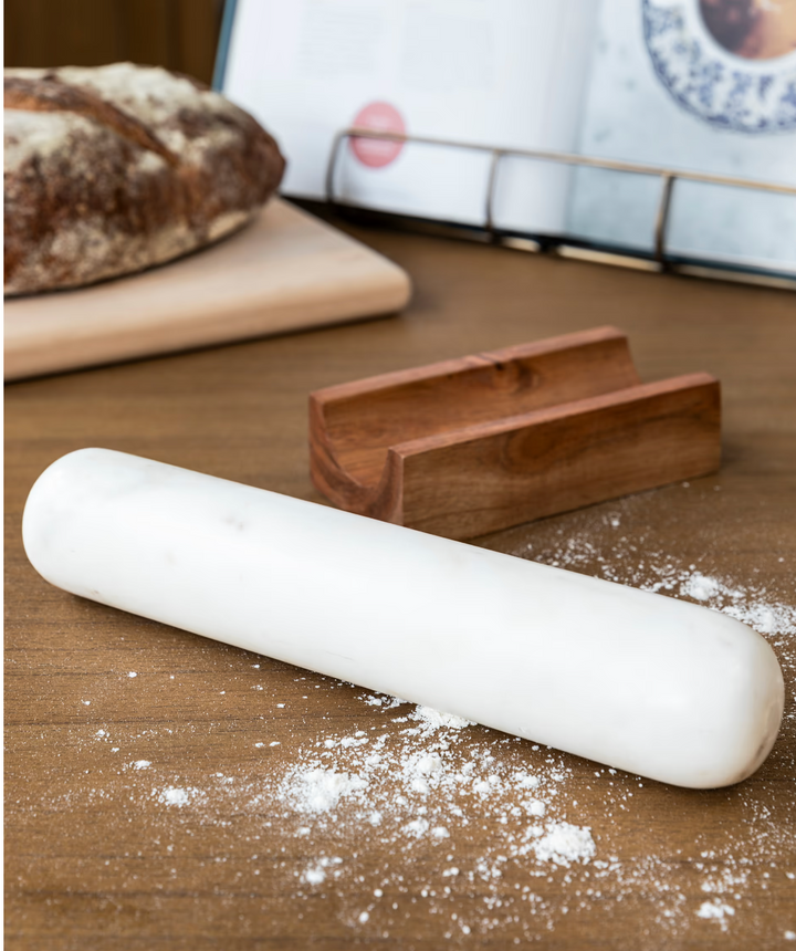 White Brompton rolling pin by Garden Trading, with a sleek wooden handle and smooth white surface, ideal for baking and kitchen use.