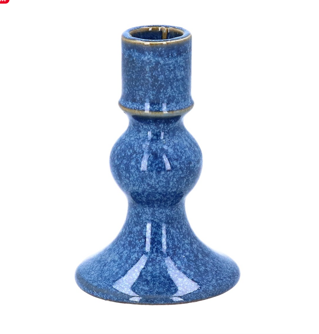 Blue porcelain short candlestick by Gisela Graham, featuring a smooth, rounded design suitable for decorative or candle display.