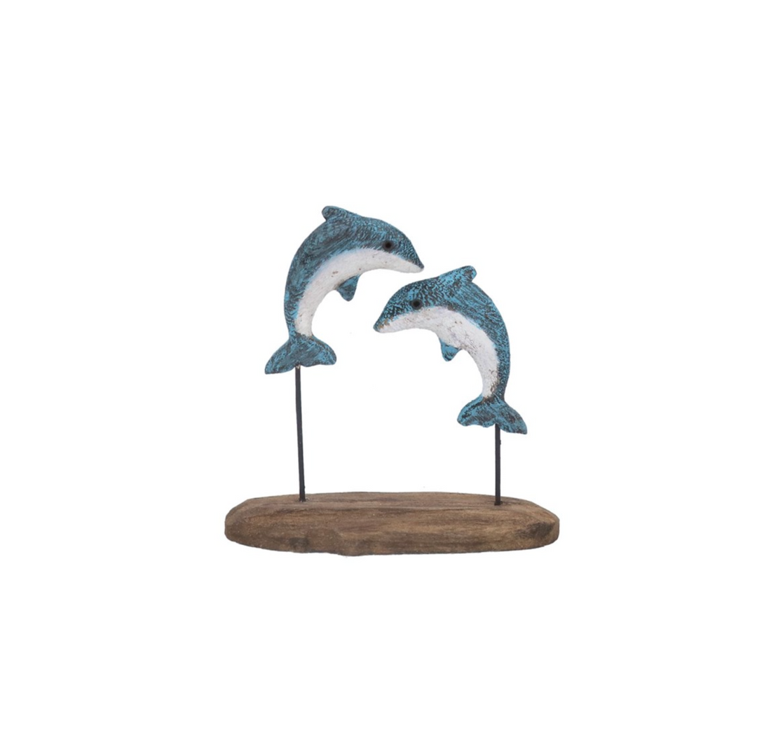 Gisela Graham mini rustic wood dolphin duo ornament with natural wood finish, ideal for coastal or nautical home decor.