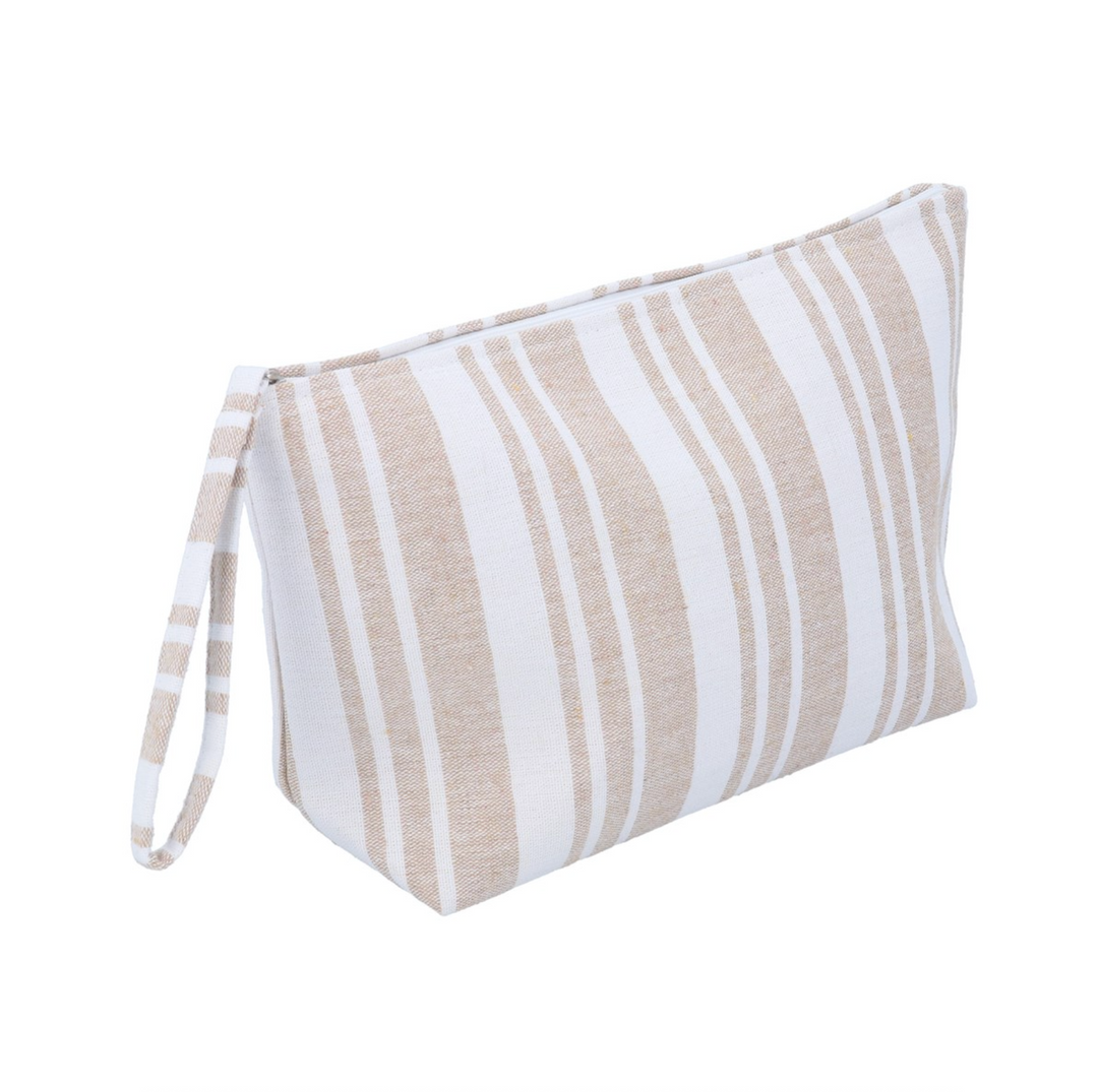 Beige stripe fabric washbag by Gisela Graham, featuring a soft, woven design and compact size for travel storage.