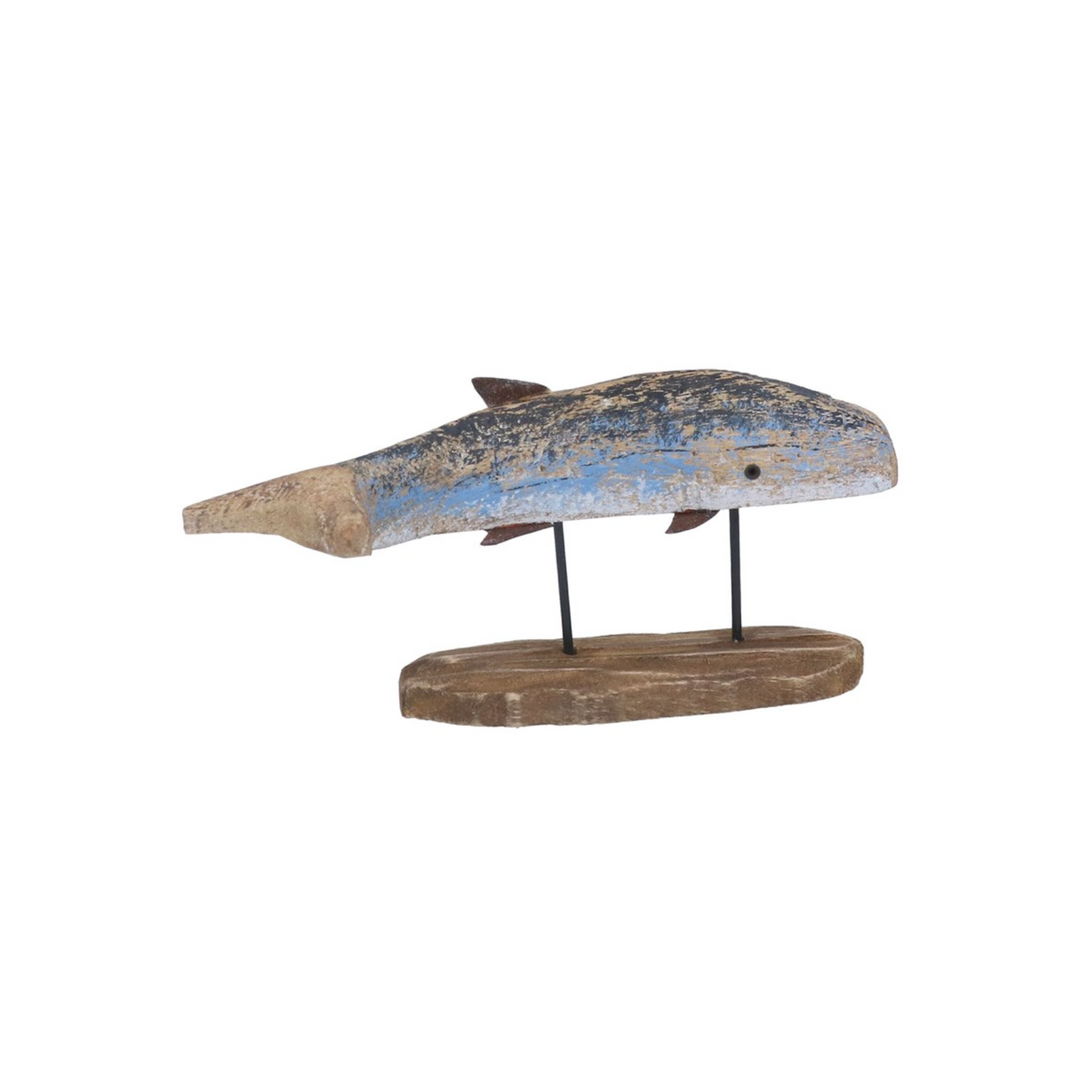 Small rustic wood blue whale sculpture on a plinth by Gisela Graham, ideal for coastal or nautical decor.