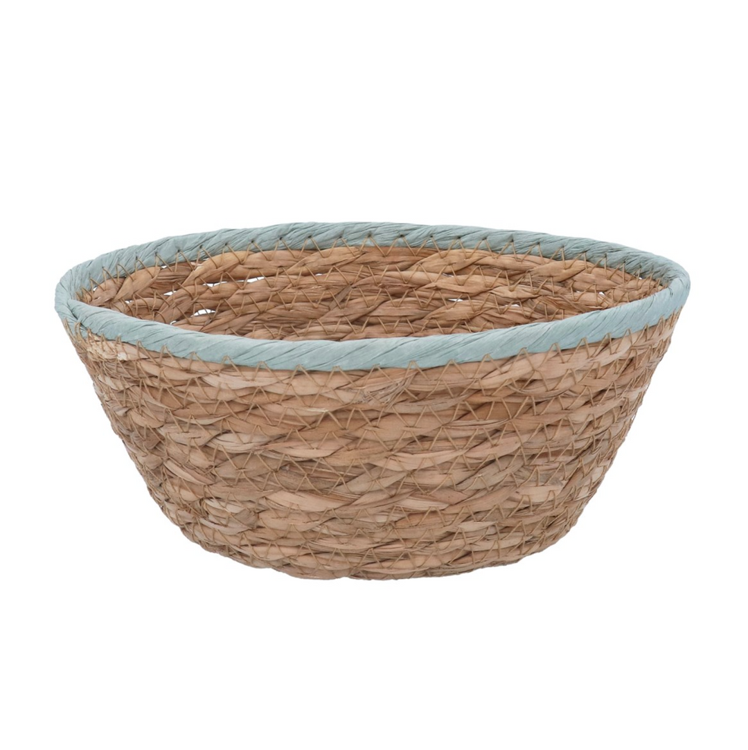 Mini blue trim natural woven basket by Gisela Graham, crafted from woven natural fibers with blue fabric trim.